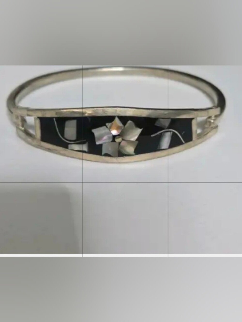 Vintage Mexican Alpaca Silver Bangle with Abalone Shell Inlay